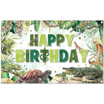 Fabric 96x60inch Reptile Birthday Backdrop Jungle Wild Banner | Tropical Rainforest Lizard Snake Turtle Alligator Palm Leaves Background, Kids Adult Party Decorations, Photo Props - size: 96x60inch