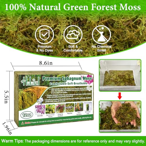 Halatool 12 OZ Natural Green Forest Moss, 18 QT Long Fiber Sphagnum Moss | No Dyes, Water Retention & Areation, Dried Orchid Moss for Potted Plants Indoor & Outdoor, Orchids Repotting, Terrariums - size: 12 oz