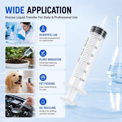 10 Pack 60ml Syringe for Liquid - Large Plastic Syringes Without Needle for Food Thick Liquids and Irrigation Water, Lip Gloss Filling, Measuring ( 10 Pack 60 ml / cc ) - size: 60ml
