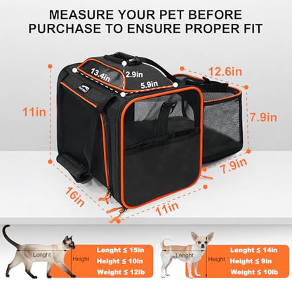 Expandable cat Carrier Soft Sided Airline Approved Pet Carrier Up to 12lbs | Top & Side Expandable, 360° Breathable Mesh, Anti-Collapse Frame, Built-in Safety Leash, Reversible Cushion for Cat Small Dog - color: Black