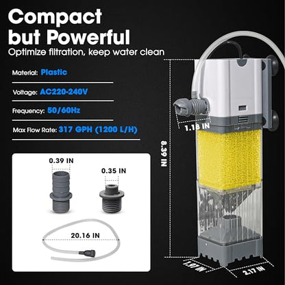 Aquarium Filter 10W for 10-40 Gallon, Internal System with Quiet 700L/h Pump, Submersible Aquarium Filter for Turtles, 10 Gallon Fish Tank Filter, Filtro para Pecera, Clean Water Setup