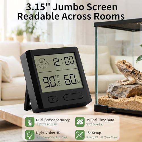 Reptile Thermometer Hygrometer – Digital Terrarium Thermometer for Snakes, Lizards, Spiders | Accurate Temperature & Humidity Gauge with Alarm, Backlit Display