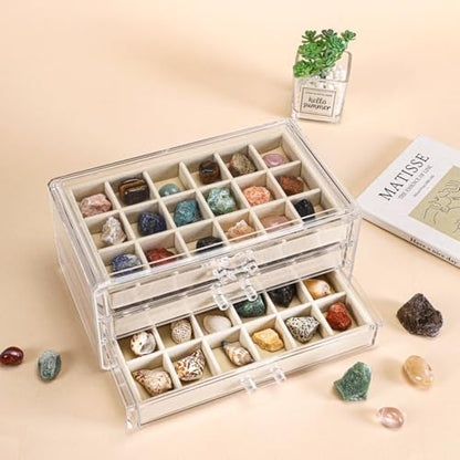 CLUQMEIK Acrylic Rock Collection Display Case with 54 Grids Storage Compartments Rock Collection Boxes Display Organizer Collection Storage Display Cases for Collectibles Crystal /Rock（Beige） - size: Beige