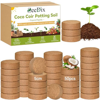 50 Pack 50mm Organic Coco Coir Pellets Seed Starter Soil | Low EC, pH Balance, Potting Soil Mix, Indoor Outdoor Plants, Herbs Houseplants Bonsai Vegetables Flowers - size: 50mm-50pack