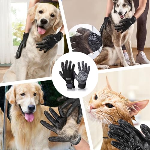 Dog Grooming Gloves – Shedding Gloves for Dogs, Cats & Horses – Pet Grooming Glove & Hair Remover – Dog Brush Glove for Bathing, Deshedding & Massage Mitt– Adjustable Fit (Blue&Black) - color: Bue&Black
