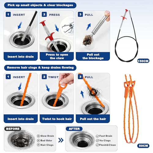 33 FT Drain Snake Auger, Heavy Duty Plumbing Snake for Sink, Tub and Shower | Flexible Hair Clog Remover Kit with Gloves | Manual Drain Cleaning Tool for Bathroom and Kitchen (8-Piece Set)