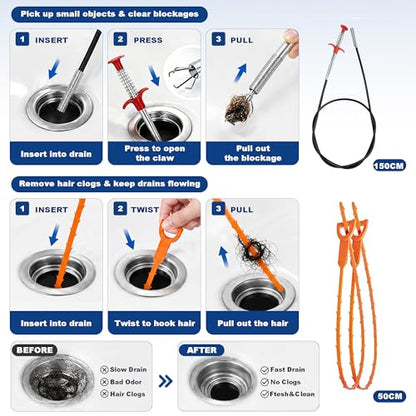 33 FT Drain Snake Auger, Heavy Duty Plumbing Snake for Sink, Tub and Shower | Flexible Hair Clog Remover Kit with Gloves | Manual Drain Cleaning Tool for Bathroom and Kitchen (8-Piece Set)