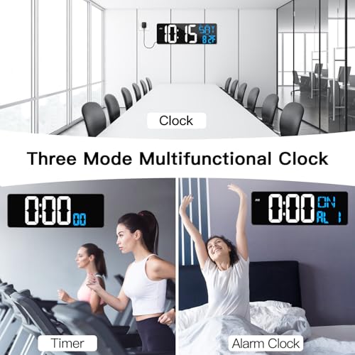 17" Large Digital Wall Clock with Remote, Auto Dimmer, Date Temp, Timer | Large clear display, Snooze function, Count up and down timer, Suitable for Living Room, Office, Gym Indoor Spaces - color: Ice Blue+ White