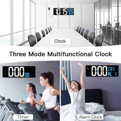 17" Large Digital Wall Clock with Remote, Auto Dimmer, Date Temp, Timer | Large clear display, Snooze function, Count up and down timer, Suitable for Living Room, Office, Gym Indoor Spaces - color: Ice Blue+ White