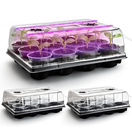 36 Pack 4 Inch Clear Plant Pots & 3 Pack 12 Cell Nursery Pot Trays with Humidity Dome and Growing Lights for Seed Starting, Germination, Seedling Propagation Plant Growing, Sturdy Gardening Kit 3 Sets - color: Black + Clear, size: 4 Inch 36 Pack Pots & 3