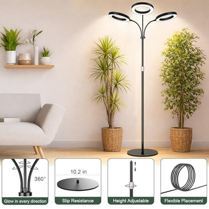 LBW 3-Head Grow Light with Stand for Indoor Plants, Full Spectrum Grow Light for Tall Large Plants, Adjustable Height up to 68", Auto Cycle Timer 6/8/12/16H, 5-Level Dimming, 3 Lighting Modes, Black - size: 3 Head 6.3" Black