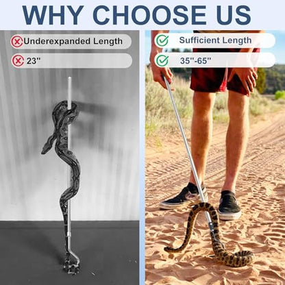 Snake Hook Heavy Duty, Snake Hook Retractable 35"-65" Catcher Hook for Rattlesnakes Ball Python Rattle Cobra Removal Non-Slip Foam Handle and Thickened Stainless Steel - size: 65inch