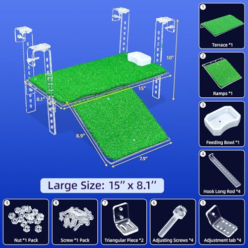Adjustable Hanging Acrylic Turtle Basking Platform with Ramp 15x8.1 | Anti-slip grass dock for safe basking; adjustable clips fit most rims. Sturdy acrylic ramp, easy setup. Clear view. - size: 15x8.1 Inch