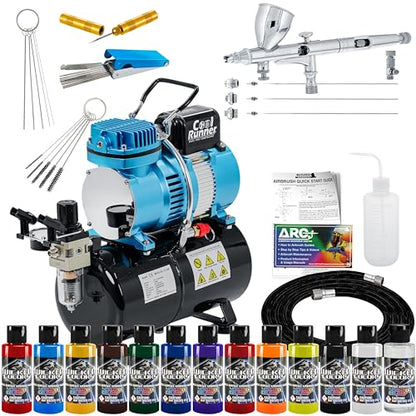 Master Airbrush Multi-Purpose Air Brush Kit with Air Compressor - G444 Airbrush, TC-326T Dual Fan Tank Compressor, 3 Needle Nozzle Tips, 12 Createx Wicked Acrylic Paints and Airbrush Cleaning Kit - size: G444 Airbrush Kit
