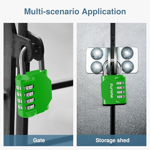 Puroma 1 Pack Combination Lock Locker 4 Digits Combo Padlock Gym Green | For School Gate Fence Toolbox Hasp Storage, Outdoor, Resettable, Weatherproof, Side Window, Crack Cut Resist, Hardened Steel - color: Green