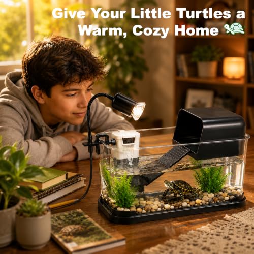 Turtle Tank Starter Kit, Durable PC Turtle Aquarium Kit | Basking Platform & Dimmable Heat Lamp, Baby Aquatic Turtle Tank with Filter,Multi-Function Area for Small Reptiles
