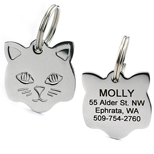 GoTags Stainless Steel Cat ID Tags, Available in Mouse and Cat Shapes, Includes up to 4 Lines of Custom Engraved Personalized Text - style: Kitty Face
