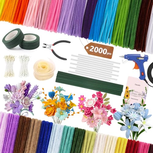 2000 PCS Pipe Cleaner Flower Kit,30 Assorted Colors Pipe Cleaners Craft | Chenille Stems with Instructions,hot glue gun, diagonal pliers,Floral Wires,Stamen& Ribbon,Art and Craft Supplies - color: 30 color