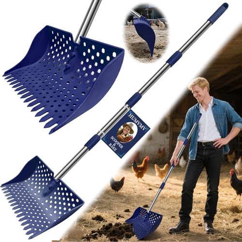 12" 2-in-1 Chicken Poop Scooper & Rake, 3-Shape Sifting Holes Chicken Coop Rake, Stainless Steel Handle (20–61") - Litter Scooper & Sand Sifting Shovel (U.S. Patent No. D1124534) - Blue - color: Blue
