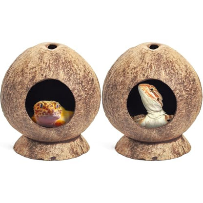 PINVNBY 2 Pcs Natural Coconut Shell Reptile Hide Crested Gecko Tank Accessories for Small Lizard Leopard Gecko Spider Snail Hermit Crab Hideout - size: High-Crowned Style, 2PCS