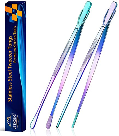 JETKONG 2 Pcs 12-Inch Culinary Tweezers Food Tweezers Kitchen Tweezer Tongs for Cooking (Rainbow) - color: Rainbow, size: 12+12 Inch