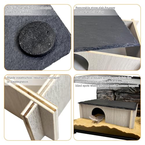 PINVNBY Bearded Dragon Basking Platform, Wood Reptile Hides and Caves, Crested Gecko Hide with Slate Rock, Leopard Gecko Tank Accessories for Small Lizard Snake (M: 9.84x5.9x2.76 inches) - size: M: 9.84x5.9x2.76 inches