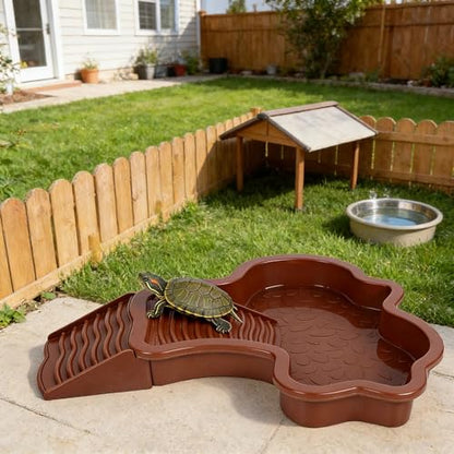Tortoise Water Dish with Ramp, Large Reptile Bathing Pool, 13.8 in Aquarium Soaking Tray, Red-Brown ABS Turtle Bowl for Amphibians, Easy Clean