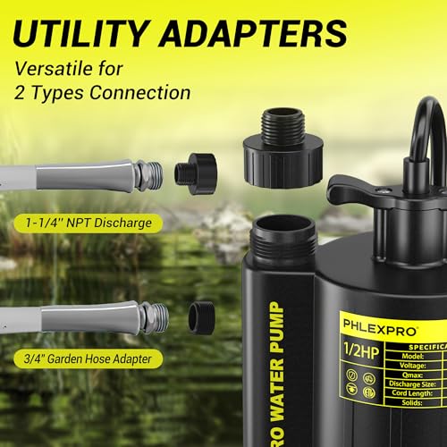 1/2HP Automatic Submersible Sump Pump, 5300 GPH Water Pump | 3/4" Garden Hose Check Valve Adapter, 2650 GPH Water Removal for Swimming Pool Cover Hot Tubs Flooded House Basement - color: Black-yellow