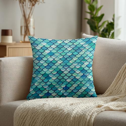 Turquoise Fish Scale Pattern Throw Pillow Covers, Blue Mermaid Scale Texture Cushion Cases Digital Blended Hidden Zipperl Decorative Pillow Covers Square 16X16 in 2 Pcs - color: Fish Scale 1 Blue03, size: 16" x 16" (Pack of 2)