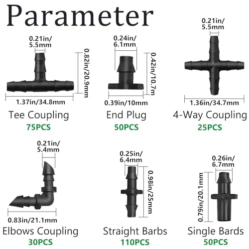 340PCS 1/4" Drip Irrigation Kit Barbed Connectors, Straight Barb, Tee, Single Barb, End Plug, Elbow, 4 Way Coupling Irrigation Fittings for Garden Lawn Flower Pot - size: 340PCS- Barbed Connectors
