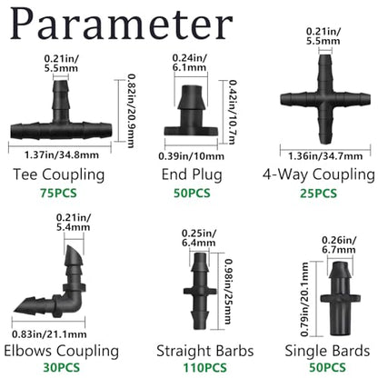 340PCS 1/4" Drip Irrigation Kit Barbed Connectors, Straight Barb, Tee, Single Barb, End Plug, Elbow, 4 Way Coupling Irrigation Fittings for Garden Lawn Flower Pot - size: 340PCS- Barbed Connectors