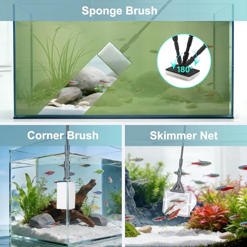 Carefree Fish 6IN1+1 (2026 New Upgrade Edition) Aquarium Cleaning Tools Long Handle Adjustable Length 20~36Inches Fish Tank Cleaner Kit Algae Scraper Scrubber Brushes Set - size: 20~36In