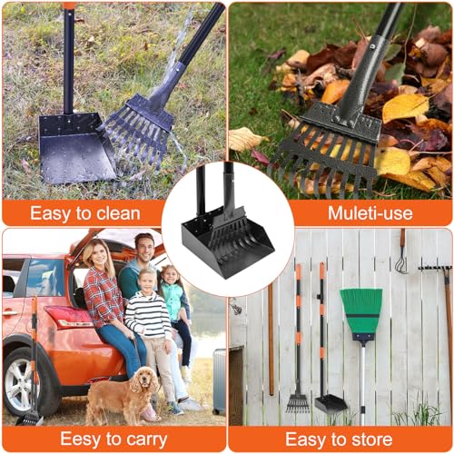 Pooper Scooper, Dog Pooper Scooper Tray and Rake Set with Adjustable Stainless Steel Long Handle for Large Medium Small Dogs - color: Orange