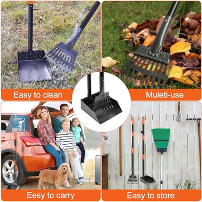 Pooper Scooper, Dog Pooper Scooper Tray and Rake Set with Adjustable Stainless Steel Long Handle for Large Medium Small Dogs - color: Orange
