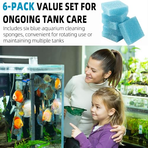 Aquarium Glass Cleaning Sponge 6-Pack (3.25" x 3.25" x 1") | Non-Scratch Aquarium Cleaner for Fish & Turtle Tanks, Reusable Blue Cleaning Sponge - Blue