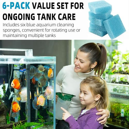 Aquarium Glass Cleaning Sponge 6-Pack (3.25" x 3.25" x 1") | Non-Scratch Aquarium Cleaner for Fish & Turtle Tanks, Reusable Blue Cleaning Sponge - Blue