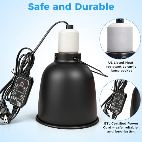 Timer Reptile Deep Dome Light Fixture - 1H/3H/6H/12H Auto On/Off - 5.5 Inch Ceramic Socket Lamp Holder for Heat & UVA UVB Bulbs - Bearded Dragons, Geckos, Turtles - Terrarium Lighting