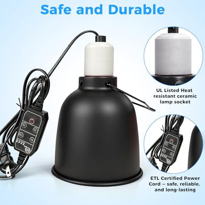 Timer Reptile Deep Dome Light Fixture - 1H/3H/6H/12H Auto On/Off - 5.5 Inch Ceramic Socket Lamp Holder for Heat & UVA UVB Bulbs - Bearded Dragons, Geckos, Turtles - Terrarium Lighting