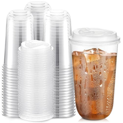 Baderke 100 Sets 18 oz Clear Plastic Cups with Lids,Sturdy Iced Coffee Cups with lids, Disposable Plastic Smoothie Cup for Cold Drinks - size: 18oz