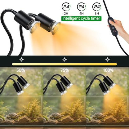 LUCKY HERP Reptile Heat Lamp, Dual Head UVA UVB Reptile Light with Cycle Timer, 360°Rotatable Dimmable Aquarium Turtle Tank Basking Light with 4 Bulbs (2PCS 25W and 2PCS 50W) - size: 25+50