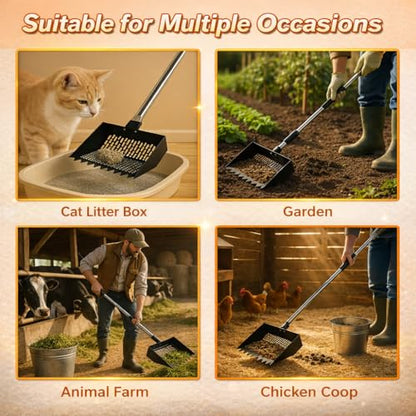 Chicken Poop Scooper & Rake 3-in-1, Adjustable Long Handle (32–63"), 12" Wide Dual-Mesh Sifting Shovel + Mini Fine-Mesh Sifter Scoop, Stainless Steel Coop Litter Scoop for Sand/Shavings/Pellets