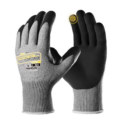 COOLJOB ANSI A5 Cut Resistant Gloves - 1/3/12 Pairs, Nitrile Rubber Dipped Safety Work Gloves for Men, Knife Proof with Grip Coating for Construction Warehouse Glass Wood Work, Grey Xlarge - size: X-Large, style: A5 Pack of 1