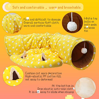 BWOGUE Bunny Tunnel Bed, 2-in-1 Collapsible Rabbit Tunnel Hideout with Mat | Removable Mat for Washing, 46.8 in Length, Ball Toy for Play, Soft Suede Fabric, Cats Rabbits Guinea Pigs - color: Yellow