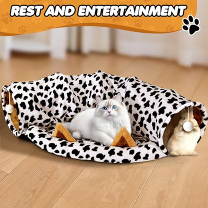 Spardar 2-in-1 Bunny Tunnel Bed, with Removable Mat Hideout, Cow | Collapsible Tunnel Tubes Toys, Washable, Interactive Toys for Rabbits, Chinchilla, Hedgehog, Guinea, Kitty - color: Cow