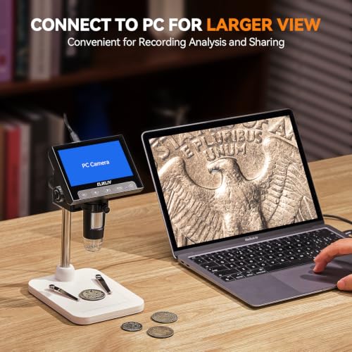 Elikliv Microscope, LCD Digital Coin Microscope 1000x, Coin Magnifier with 8 Adjustable LED Lights, PC View Compatible with Windows/MacBook, EDM4, 4.3-Inch - color: White