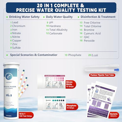 20 in 1 Water Tester for Drinking Water, Well Water Testing Kit, Suitable for Household Tap Water, Natural Water Quality Testing, Can Detect Water Hardness, Chlorine, Lead, Ph, Etc. (123 Test Strips)