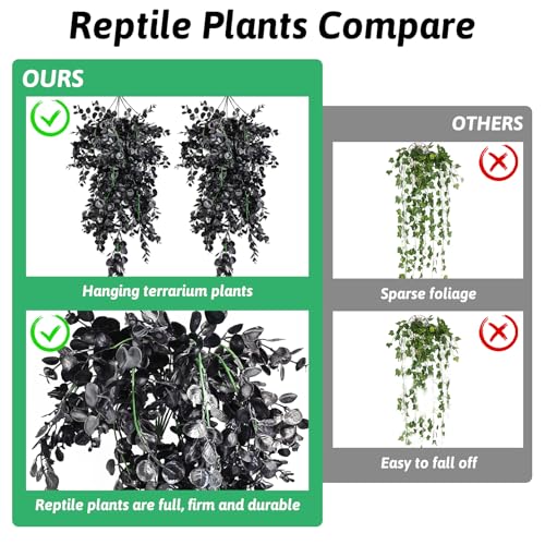 Hamiledyi Reptile Plants, 2 Pack Hanging Terrarium Plants, Artificial Leaves Habitat Decorations with Suction Cup, Fake Amphibian Plants for Bearded Dragon Lizard Hermit Crab Geckos Chameleon(Black) - size: 2 PCS