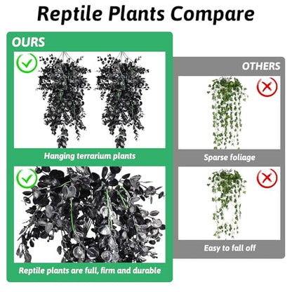 Hamiledyi 4 PCS Reptile Plants, Hanging Terrarium Plants, Artificial Leaves Habitat Decorations with Suction Cup, Fake Amphibian Plants for Bearded Dragon Lizard Hermit Crab Geckos Chameleon(Black) - size: 4 PCS