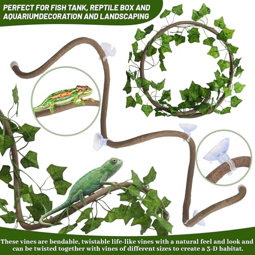 14Pcs Reptile Plants Bridge Vines Leopard Gecko Coconut Hut Crested Gecko Tank Accessories Lizard Coco Den with Ladder for Lizard, Chameleon Cage, Snakes, Hermit Crab