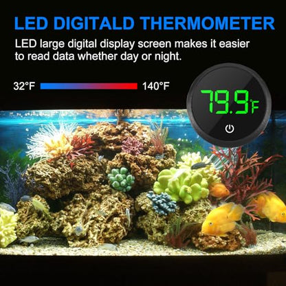 2Pcs Digital Aquarium Thermometer Fish Tank Digital LED Display Thermometer Fahrenheit Aquarium Temperature Sensor with LED Touch Screen for Aquarium Glass Containers Plant Reptile Turtle Tank-Black - color: 2pcs round-black